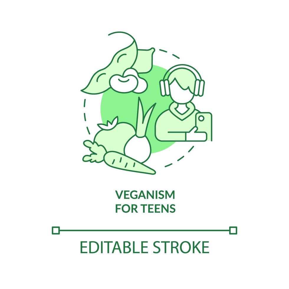 Veganismus für Jugendliche grünes Konzeptsymbol. essentielle Nährstoffe. abstrakte Idee des veganen Lebensstils dünne Linie Illustration. isolierte Umrisszeichnung. editierbarer Strich. vektor