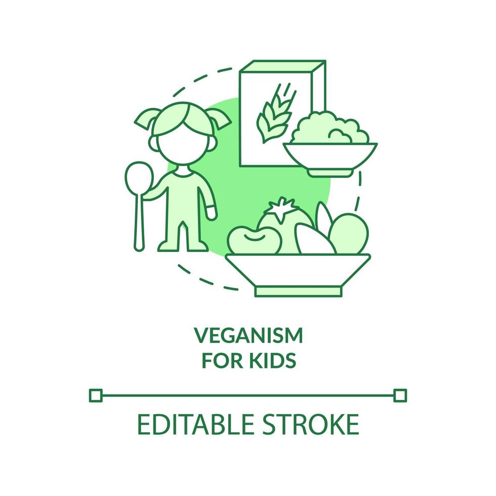 Veganismus für Kinder grünes Konzeptsymbol. essentielle Nährstoffe. abstrakte Idee des veganen Lebensstils dünne Linie Illustration. isolierte Umrisszeichnung. editierbarer Strich. vektor