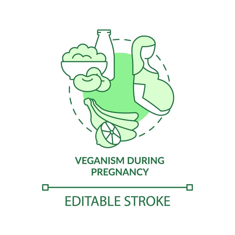 Veganismus während der Schwangerschaft grünes Konzeptsymbol. essentielle Nährstoffe. abstrakte Idee des veganen Lebensstils dünne Linie Illustration. isolierte Umrisszeichnung. editierbarer Strich. vektor