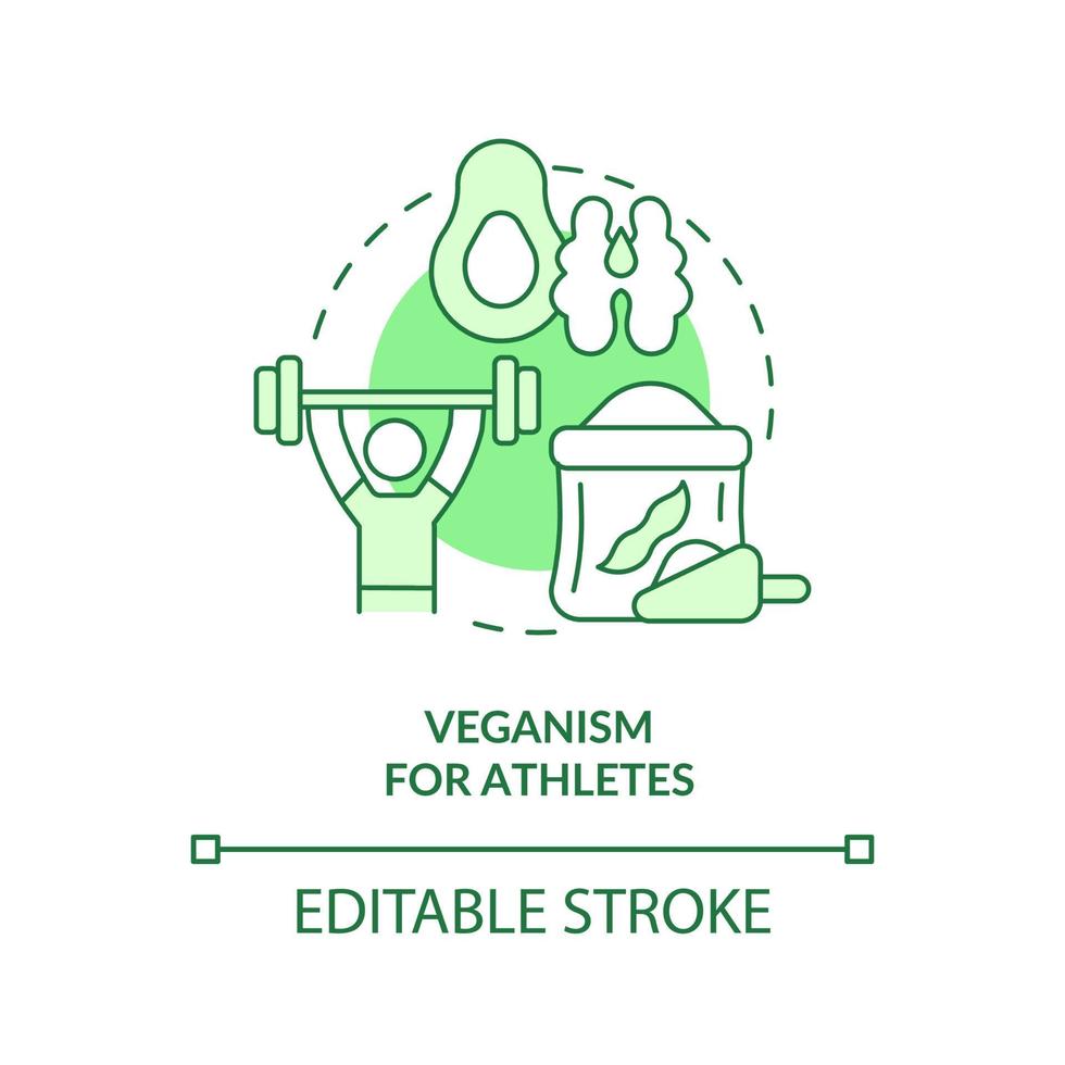 Veganismus für Sportler grünes Konzeptsymbol. Ernährungsplan für Sportler. abstrakte Idee des veganen Lebensstils dünne Linie Illustration. isolierte Umrisszeichnung. editierbarer Strich. vektor