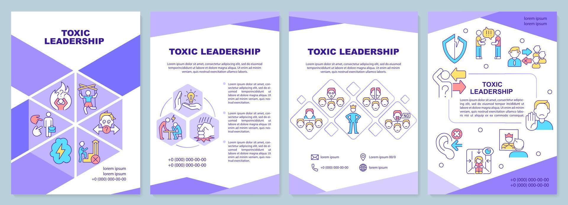 Broschürenvorlage für toxische Führung. missbräuchlicher und feindseliger CEO. Broschürendesign mit linearen Symbolen. 4 Vektorlayouts für Präsentationen, Jahresberichte. vektor