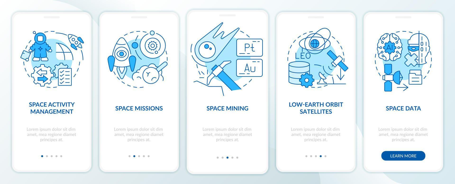 trends im spacetech blue onboarding-bildschirm der mobilen app. Kosmos-Aktivitäts-Komplettlösung 5 Schritte grafische Anleitungsseiten mit linearen Konzepten. ui, ux, gui-Vorlage. vektor