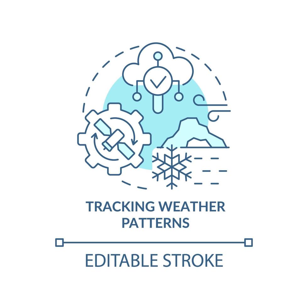 Symbol für das türkisfarbene Konzept von Wettermustern. Weltraumtechnologie und Klimawandel abstrakte Idee dünne Liniendarstellung. isolierte Umrisszeichnung. editierbarer Strich. vektor