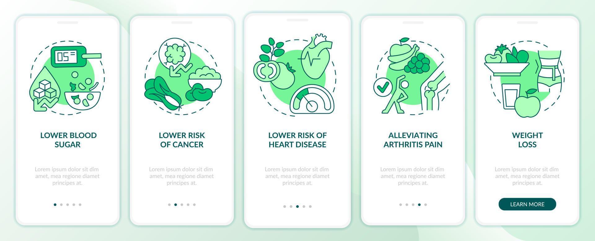 vorteile der veganen diät grüner onboarding-bildschirm der mobilen app. Veganismus Komplettlösung 5 Schritte grafische Anleitungsseiten mit linearen Konzepten. ui, ux, gui-Vorlage. vektor