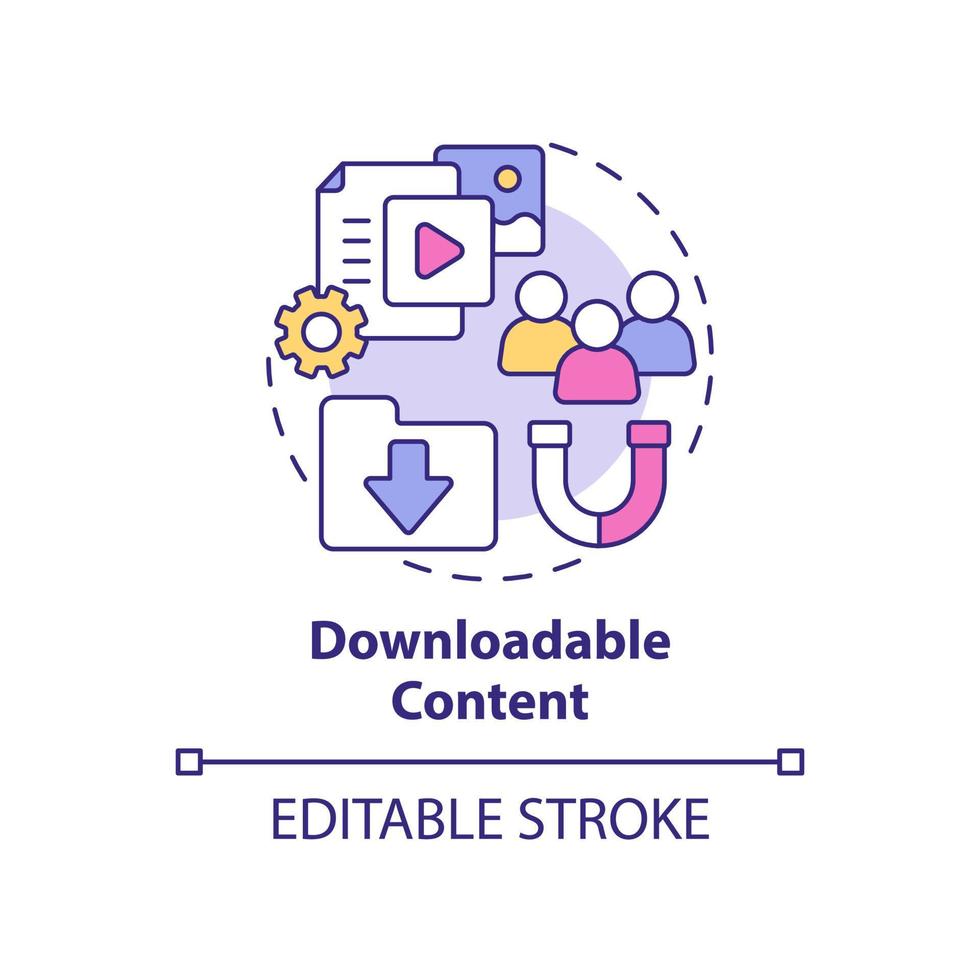 Konzeptsymbol für herunterladbare Inhalte. Werkzeug zur Generierung von Leads. abstrakte idee des digitalen marketings dünne linie illustration. isolierte Umrisszeichnung. editierbarer Strich vektor