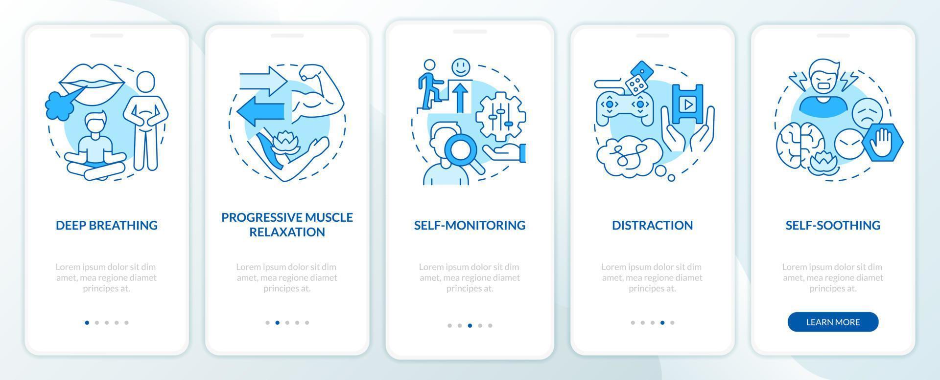 Ptsd-Bewältigungsstrategien blauer Onboarding-Bildschirm der mobilen App. Walkthrough für das Gesundheitswesen 5 Schritte grafische Anleitungsseiten mit linearen Konzepten. ui, ux, gui-Vorlage. vektor