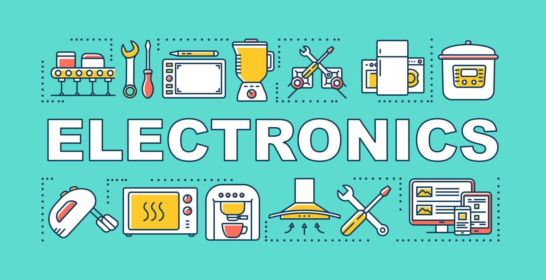 elektronik ord begrepp banner. tillverkning, underhåll och reparation av hushållsapparater. presentation, hemsida. isolerade bokstäver typografi idé med linjära ikoner. vektor kontur illustration