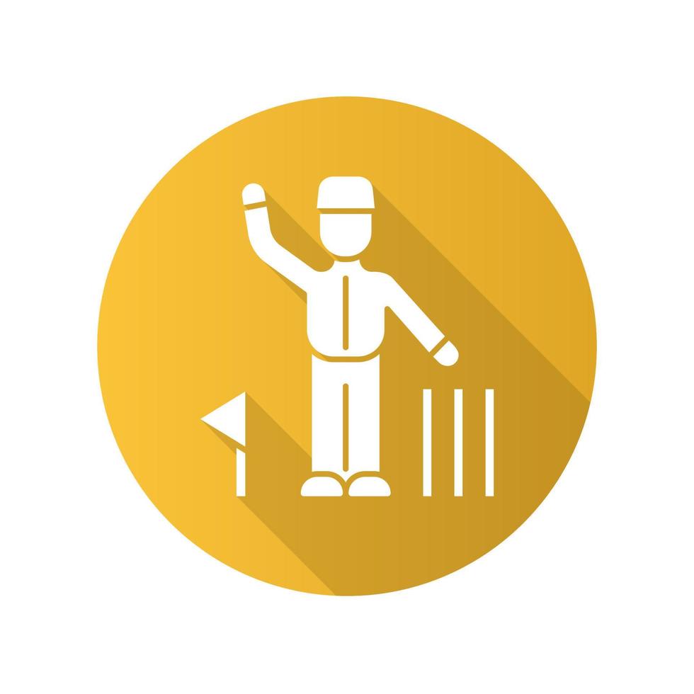 cricket domare platt design lång skugga glyfikon. Domaren signalerar beslut. skiljeman följer spelet. man i uniform, flagga och wicket. sporttävling, turnering. vektor siluett illustration