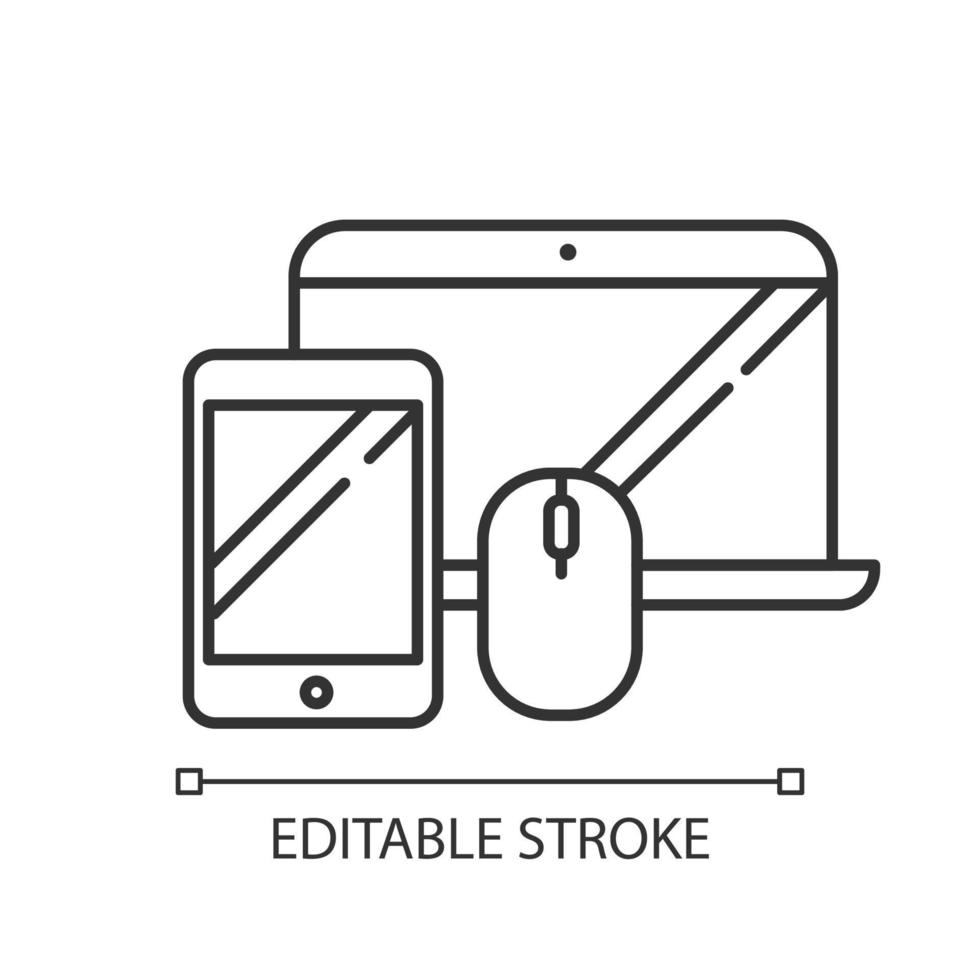 elektronik och tillbehör krita linjär ikon. smartphone, bärbar dator. e-handelsavdelning, online shopping. tunn linje illustration. kontur symbol. vektor isolerade konturritning. redigerbar linje