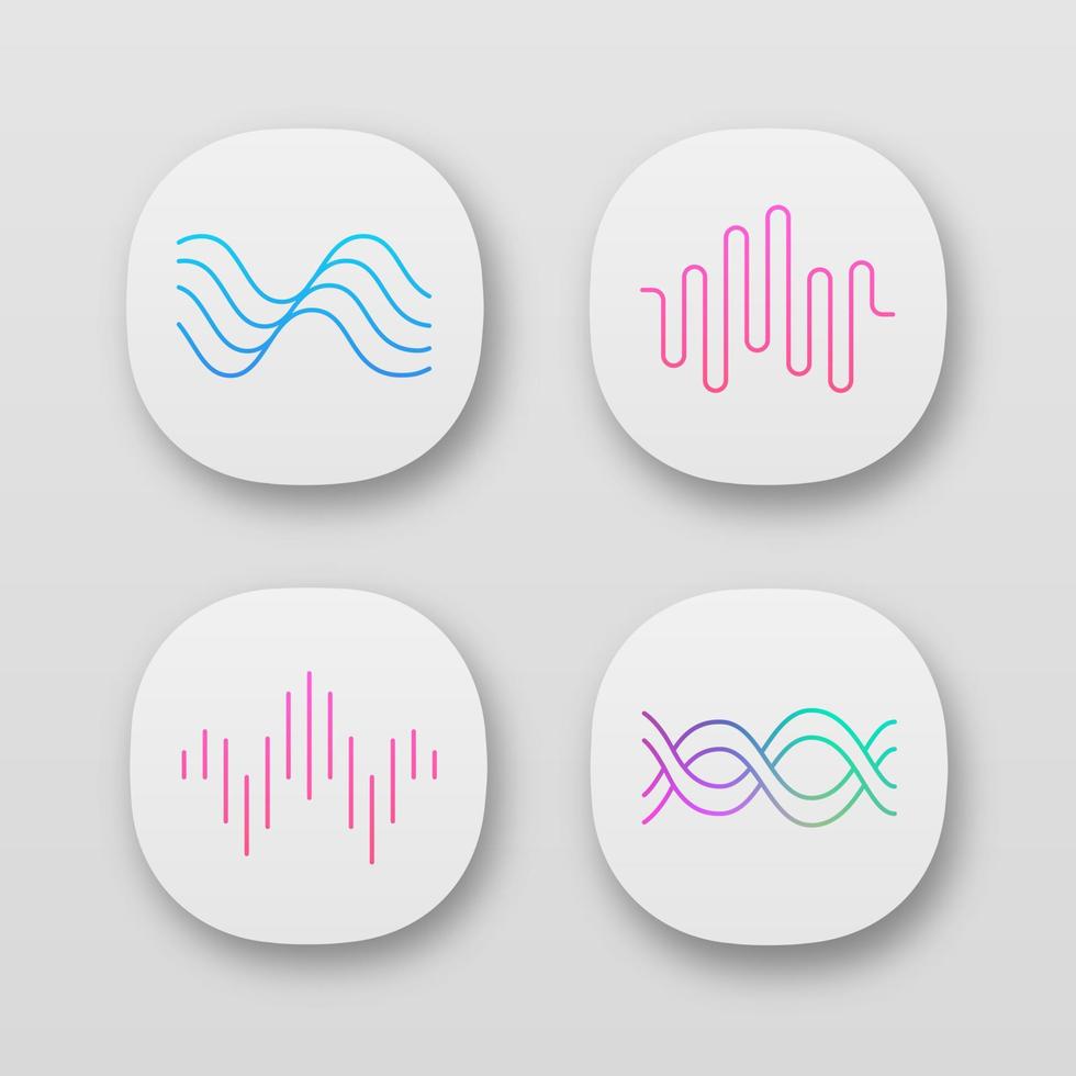 ljudvågor app ikoner set. uiux användargränssnitt. ljudvågor. ljud, röstinspelning. musik rytm. ljudvåg, digital vågformsfrekvens. webb- eller mobilapplikationer. vektor isolerade illustrationer