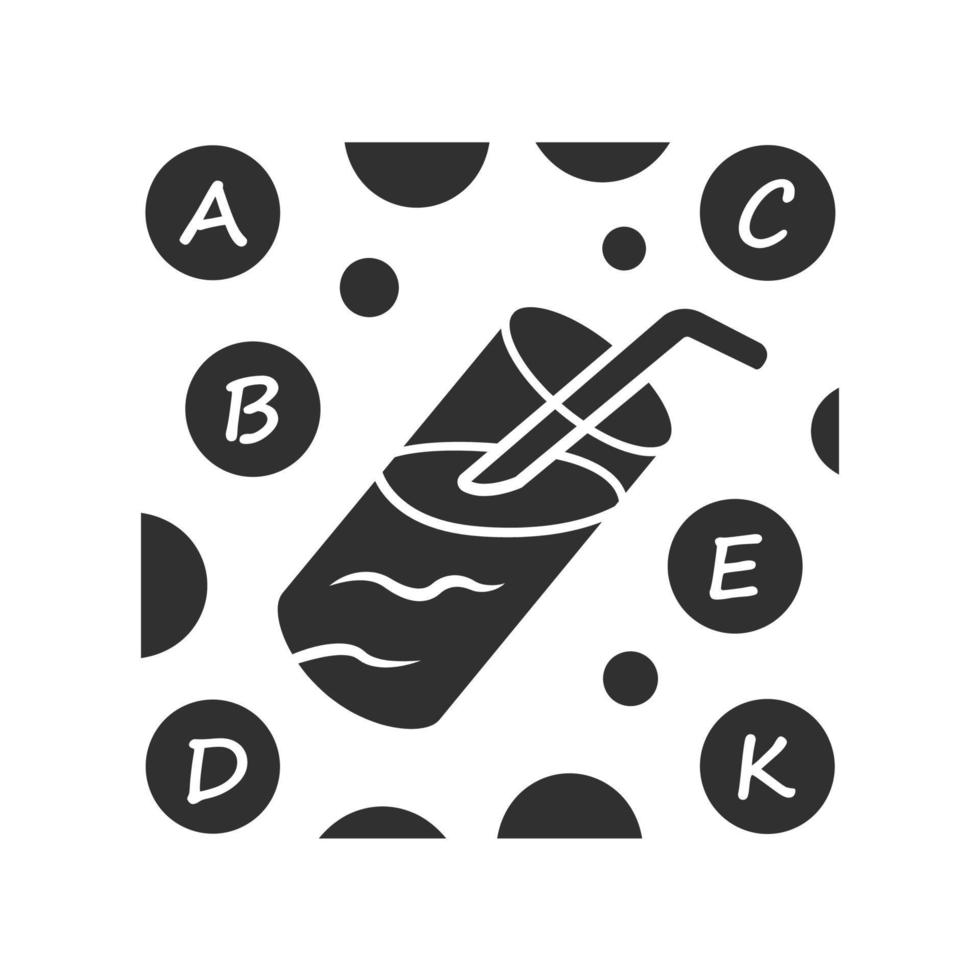 Vitamin-Cocktail-Glyphe-Symbol. Vitamine a, b, c, d, e, k. Multivitamingetränk. lebenswichtige Mineralien und Antioxidantien. Gesundheit und Medizin. Silhouettensymbol. negativer Raum. vektor isolierte illustration