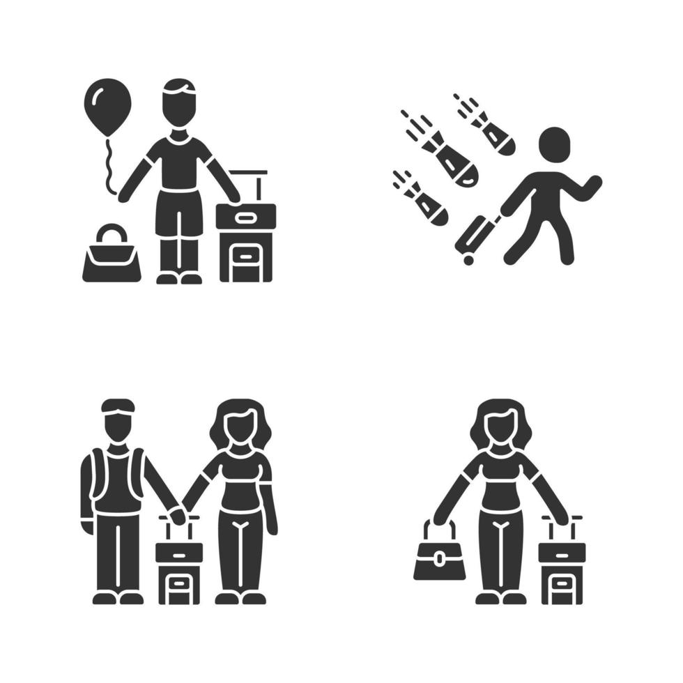 flyktingar glyfikoner set. par, barn reser utomlands med resväska. turist, passagerare. familjeresa, semester, turism. invandrarbarn, familj. siluett symboler. vektor isolerade illustration