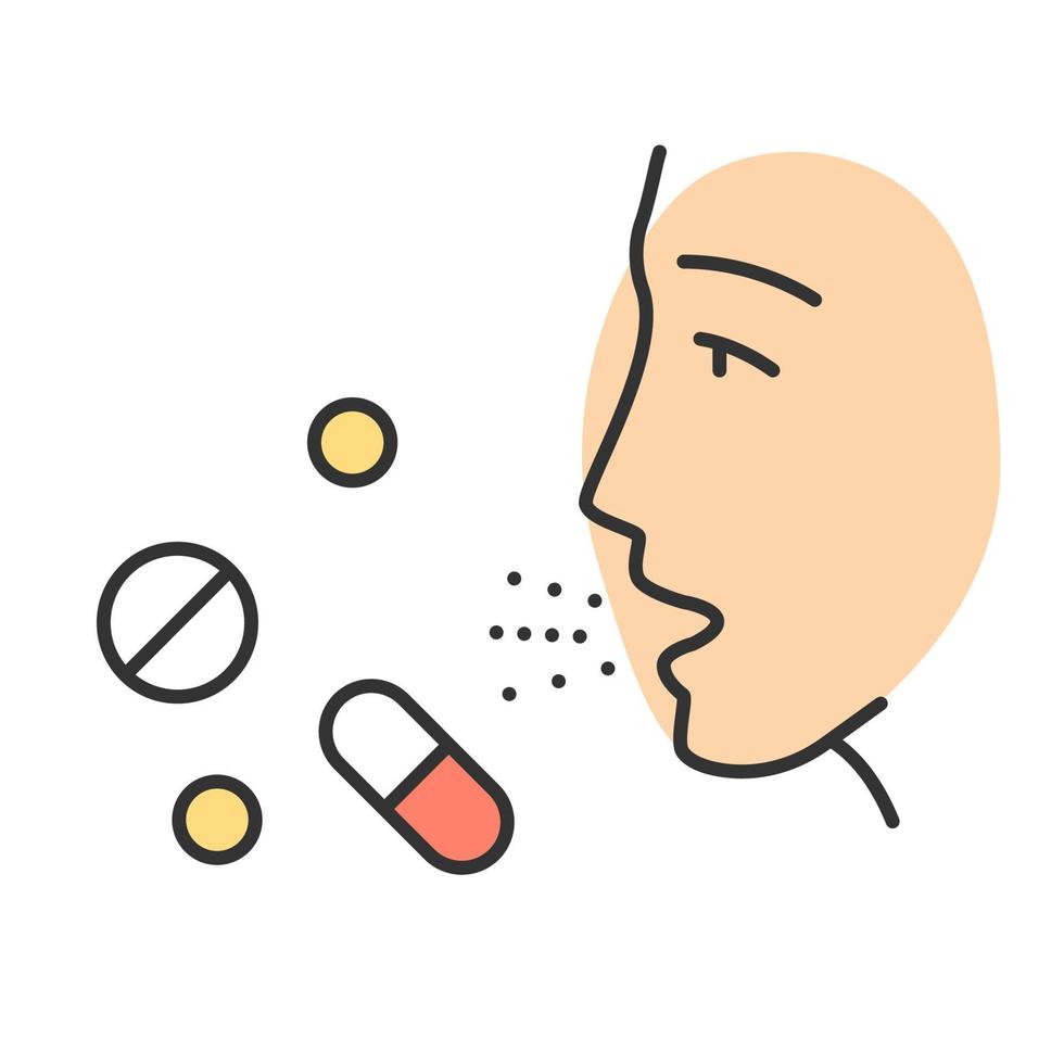 läkemedelsallergier färgikon. allergisk reaktion på medicin. överkänslighet i immunsystemet. allergimediciner. allergenpåverkan. medicinska problem. isolerade vektor illustration