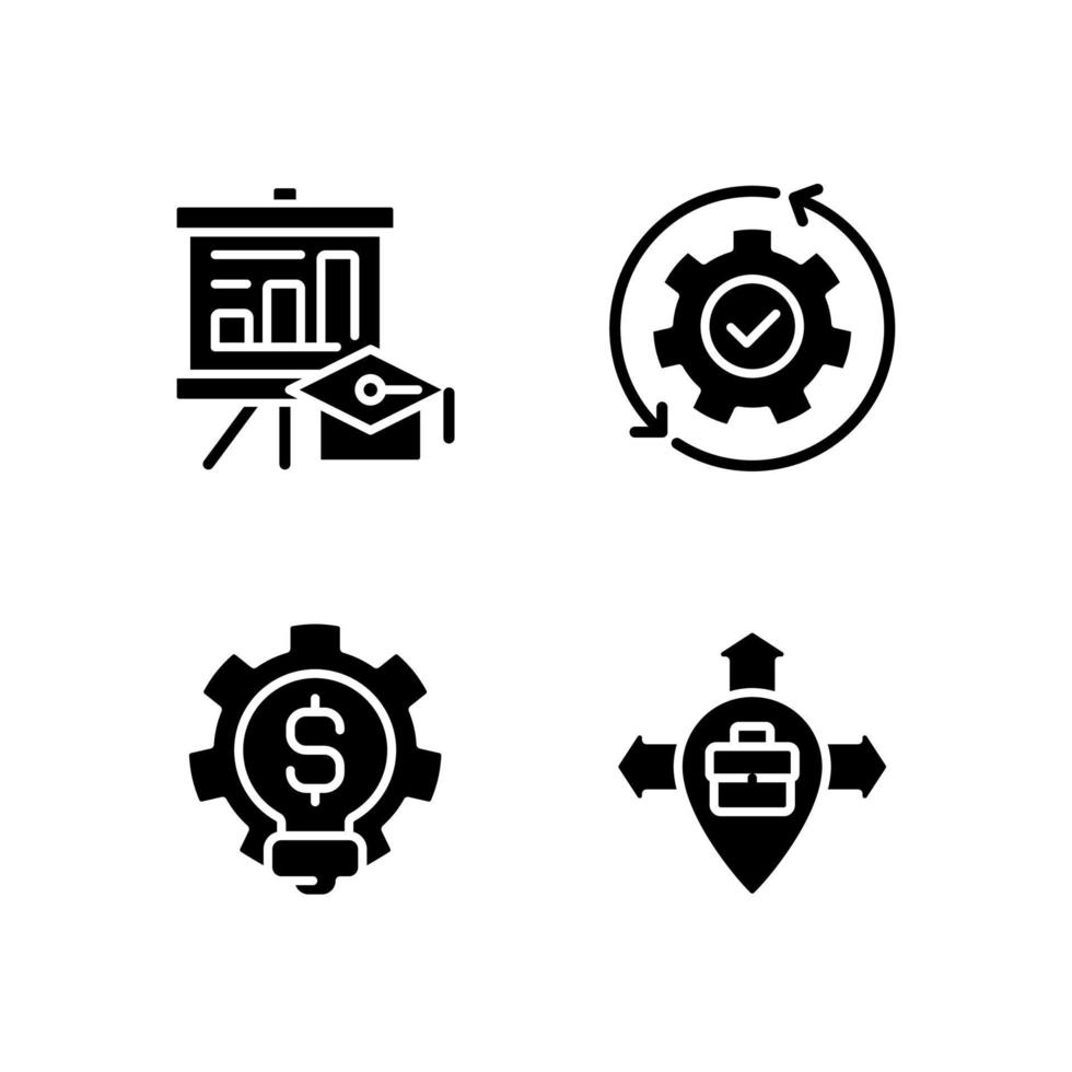 förbättring affärsprocess svarta glyfikoner på vitt utrymme. Karriärtillväxt. automatiserad tillverkning. in på ny marknad. siluett symboler. solid piktogram förpackning. vektor isolerade illustration