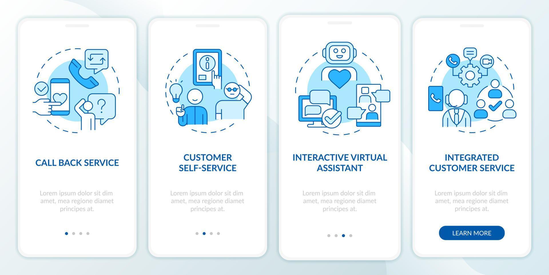 Arten von Kundenservice Blue Onboarding Mobile App Screen. Komplettlösung 4 Schritte grafische Anleitungsseiten mit linearen Konzepten. ui, ux, gui-Vorlage. vektor