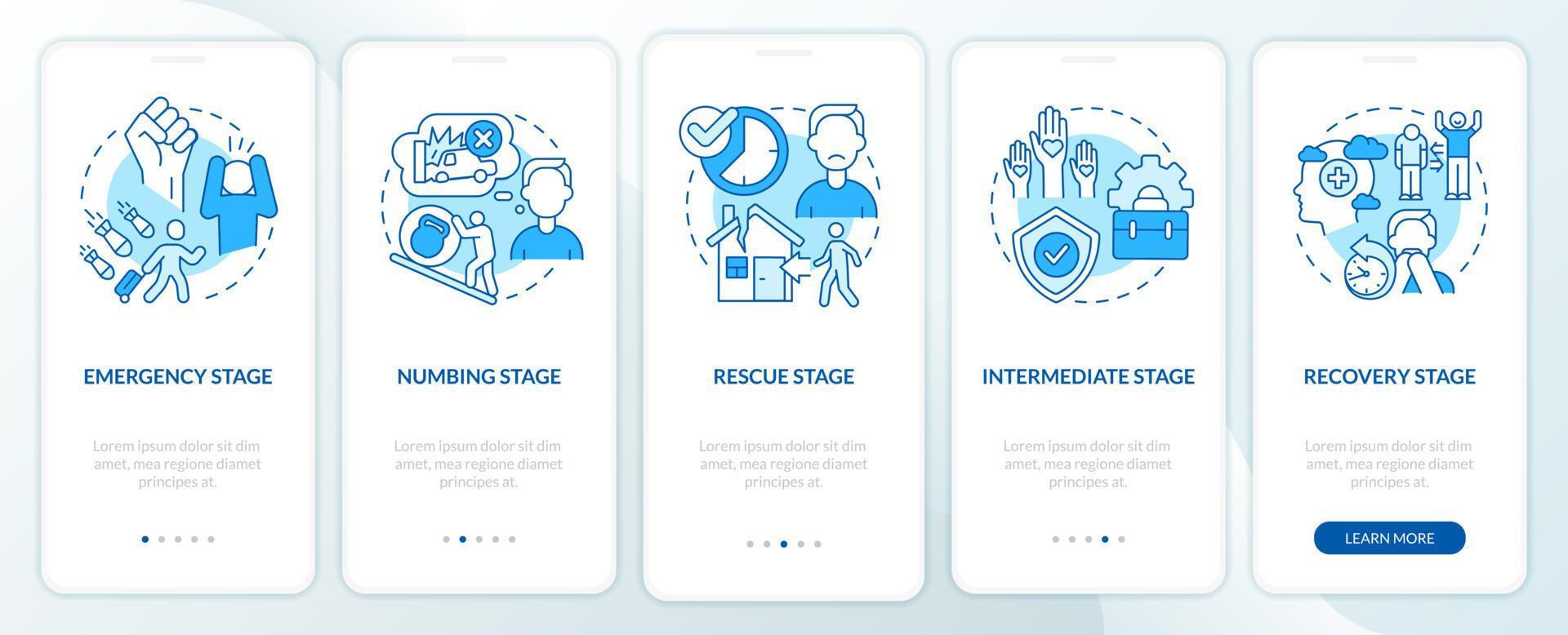 phasen des ptsd blue onboarding-bildschirms der mobilen app. Komplettlösung für psychische Störungen 5 Schritte grafische Anleitungsseiten mit linearen Konzepten. ui, ux, gui-Vorlage. vektor