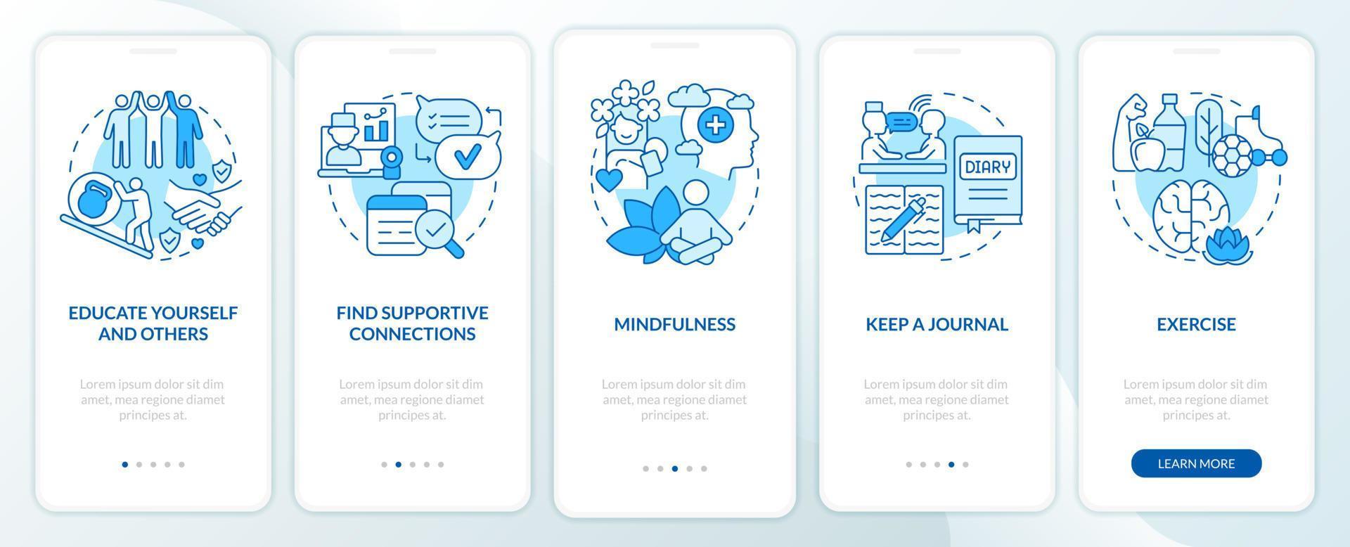 Bewältigung des ptsd-Prozesses Blue beim Onboarding des mobilen App-Bildschirms. Psychotherapie Walkthrough 5 Schritte grafische Anleitungsseiten mit linearen Konzepten. ui, ux, gui-Vorlage. vektor