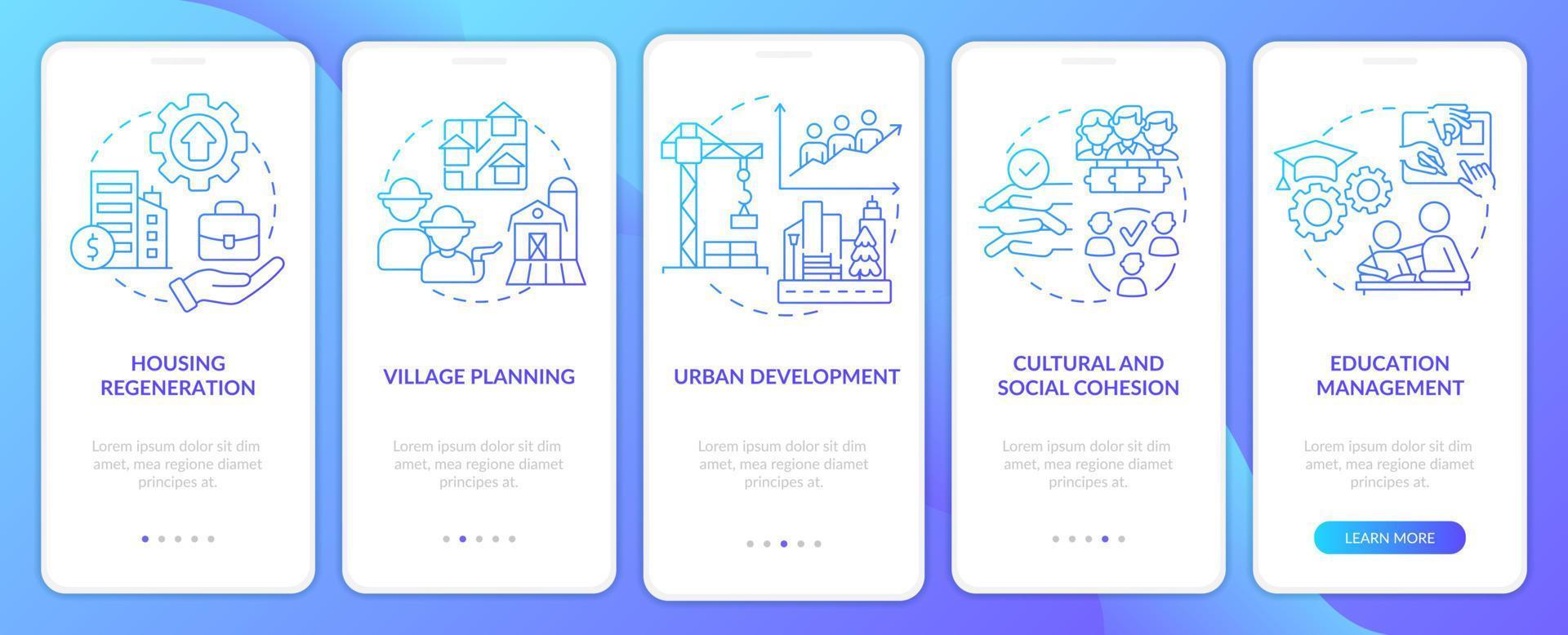 social planering instanser blå gradient onboarding mobil app skärm. genomgång 5 steg grafiska instruktioner sidor med linjära koncept. ui, ux, gui mall. vektor