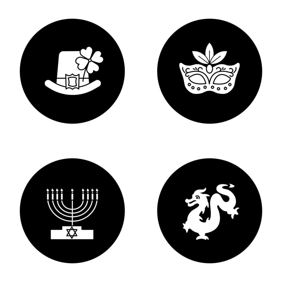 helgdagar glyf ikoner set. st. Patricks dag, mardi gras, hanukkah, kinesiskt nyår. vektor vita silhuetter illustrationer i svarta cirklar