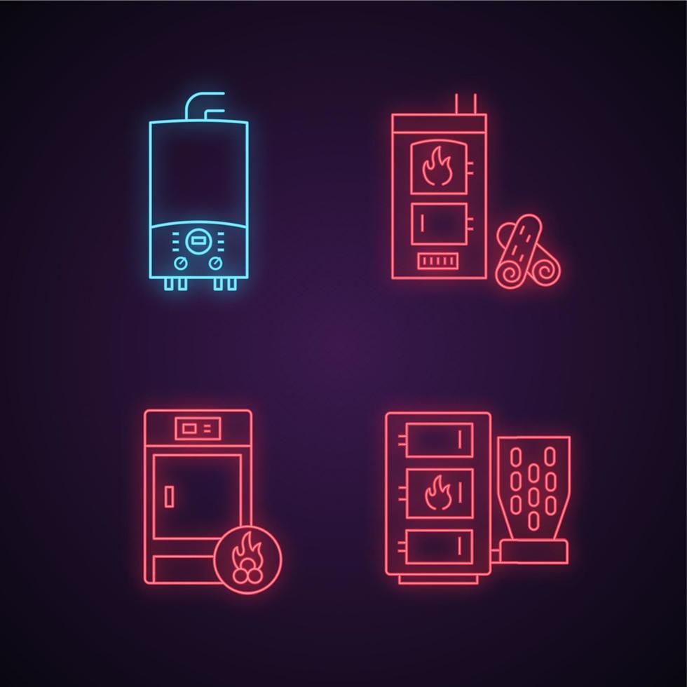 Heizsymbole für Neonlicht eingestellt. Gas-Warmwasserbereiter, Festbrennstoff-, Brennholz- und Pelletkessel. leuchtende Zeichen. Vektor isolierte Illustrationen