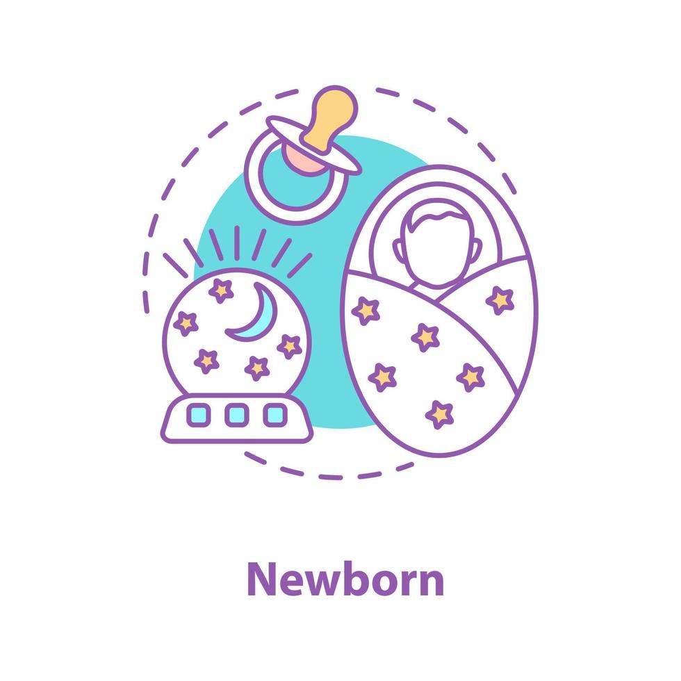 nyfödd baby konceptikon. sovande swaddled barn idé tunn linje illustration. napp och nattlampa. vektor isolerade konturritning