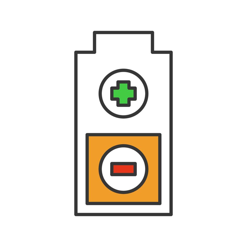 Batterie mit Plus- und Minuszeichen-Farbsymbol. aufladen. Batteriestandsanzeige. isolierte Vektorillustration vektor