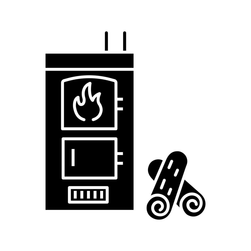 Glyph-Symbol für Festbrennstoffkessel. Hauszentralheizung. Brennholzkessel mit zwei Kammern. Heizsystem. Silhouettensymbol. negativer Raum. vektor isolierte illustration