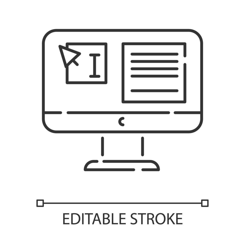 Website-Lokalisierung, lineares Symbol für dtp-Dienste. Textbearbeitung. Seitenlayout des Dokuments. Website-Lokalisierung. dünne Liniendarstellung. Kontursymbol. Vektor isoliert Umrisszeichnung. editierbarer Strich