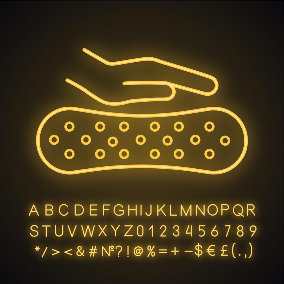 Symbol für Neonlicht aus Latexmatratzenmaterial. Gedächtnisschaum- oder Gelmatratze, Kissenfüller. weiches, elastisches, körperkonturierendes Latex. leuchtendes zeichen mit alphabet, zahlen und symbolen. vektor isolierte illustration