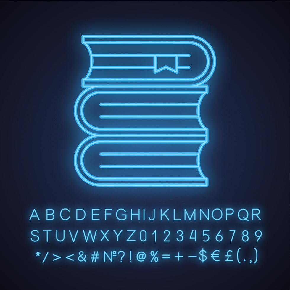 Bücher stapeln Neonlicht-Symbol. Schulbücher mit Lesezeichen. Bibliothek. leuchtendes zeichen mit alphabet, zahlen und symbolen. vektor isolierte illustration