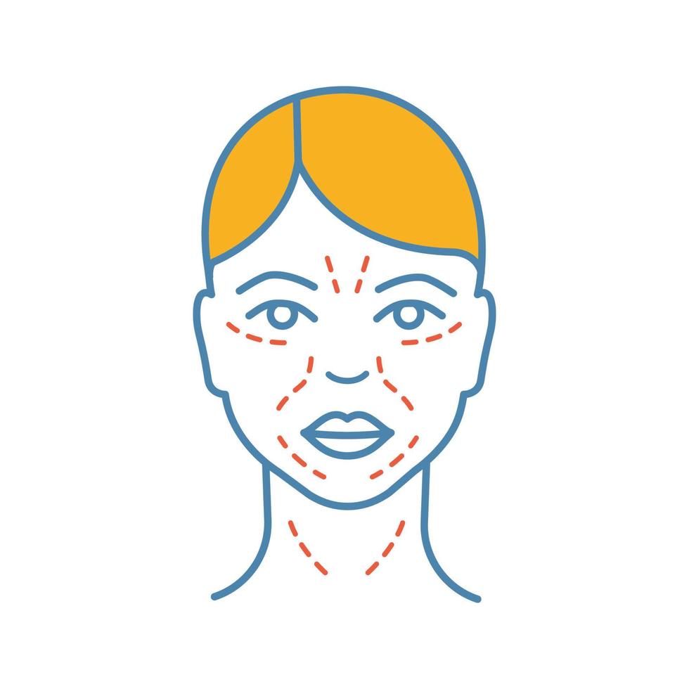 härma rynkor färgikon. ansiktshud efter trettio. ansikte åldrande. ansiktsmarkering för kosmetiska ingrepp. isolerade vektor illustration