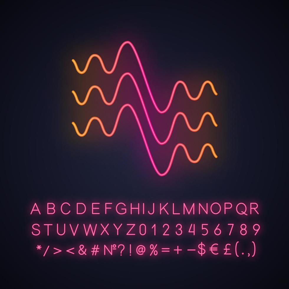 Symbol für Neonlicht mit fließenden Wellenlinien. flüssige parallele Schallwellen. Schall- und Audiowellen. abstrakte organische Wellenformen. leuchtendes zeichen mit alphabet, zahlen und symbolen. vektor isolierte illustration