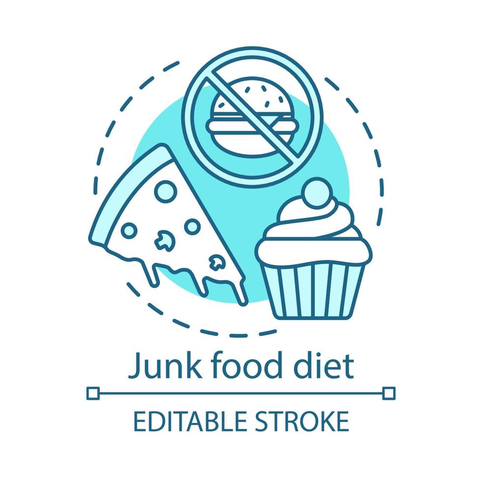 skräpmat diet, hälsosam livsstil koncept ikon. ohälsosam kost idé tunn linje illustration. snabbmatsavslag. välsmakande cupcake, pizza och hamburgare vektor isolerade konturritning. redigerbar linje