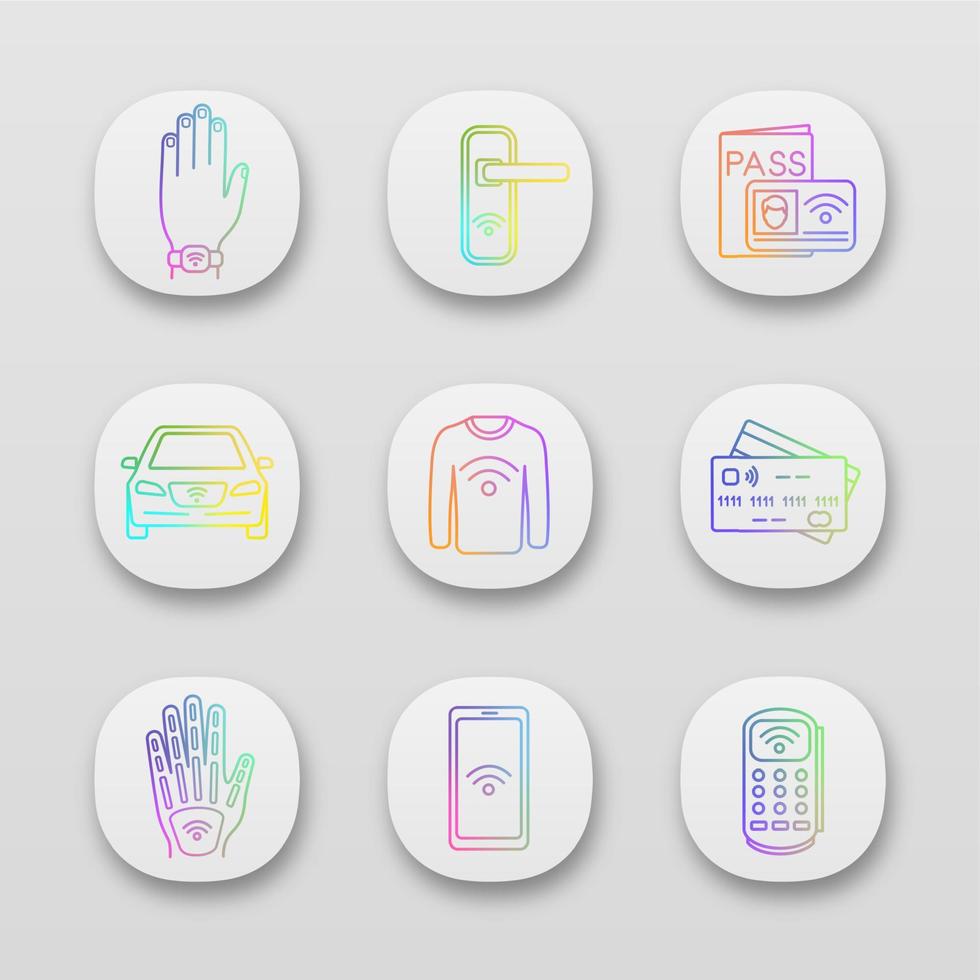 App-Symbole für NFC-Technologie festgelegt. Nahfeldarmband, Türschloss, Identifikationssystem, Auto, Kleidung, Kreditkarte, Handimplantat, Smartphone, POS-Terminal. ui ux-Schnittstelle. Vektor isolierte Illustrationen