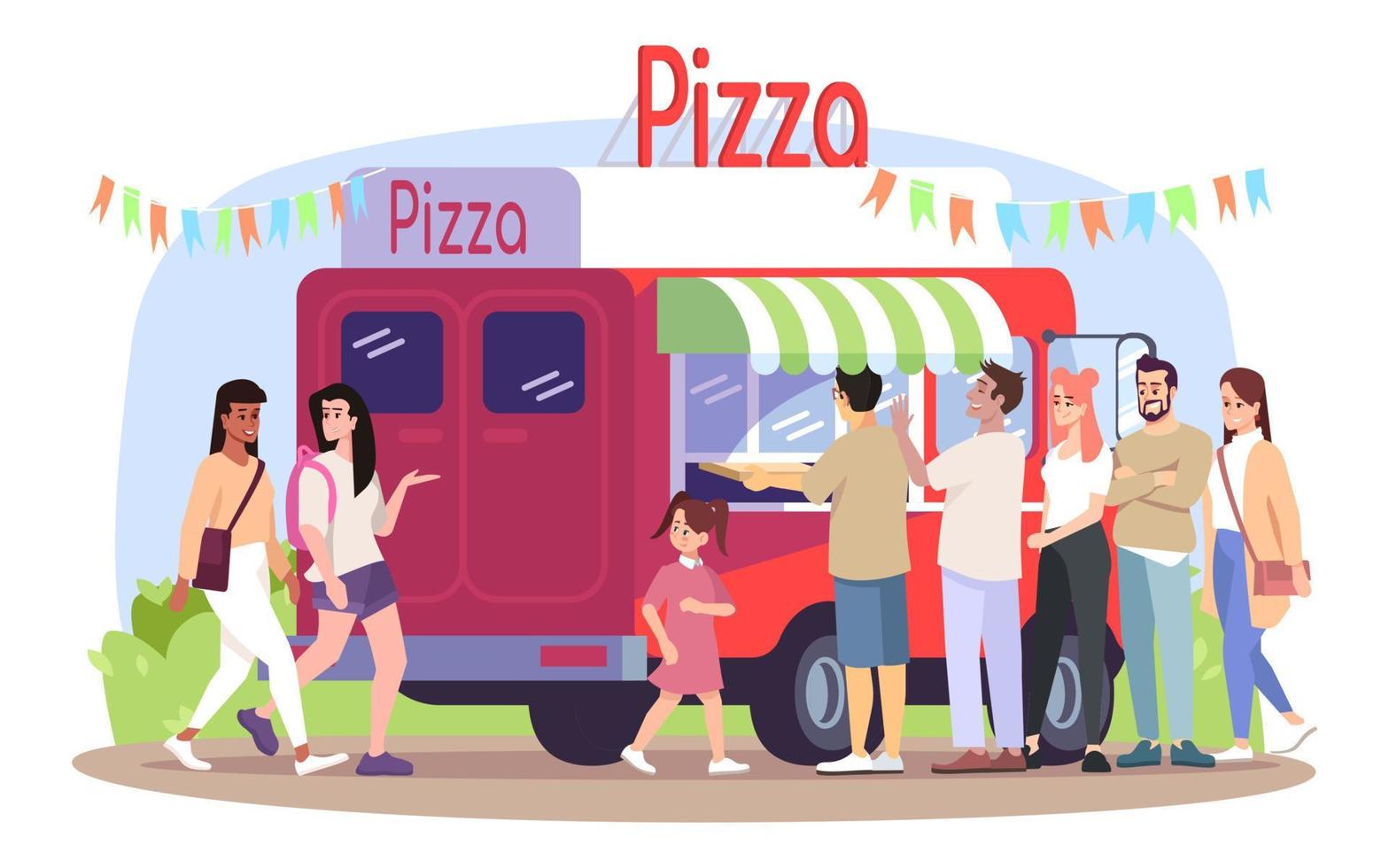 pizza food truck platt vektorillustration. färdig avhämtning måltid fordon, köpare. italienska köket restaurang på hjul. pizzeria besökare, promenader människor isolerade seriefigurer på vit bakgrund vektor
