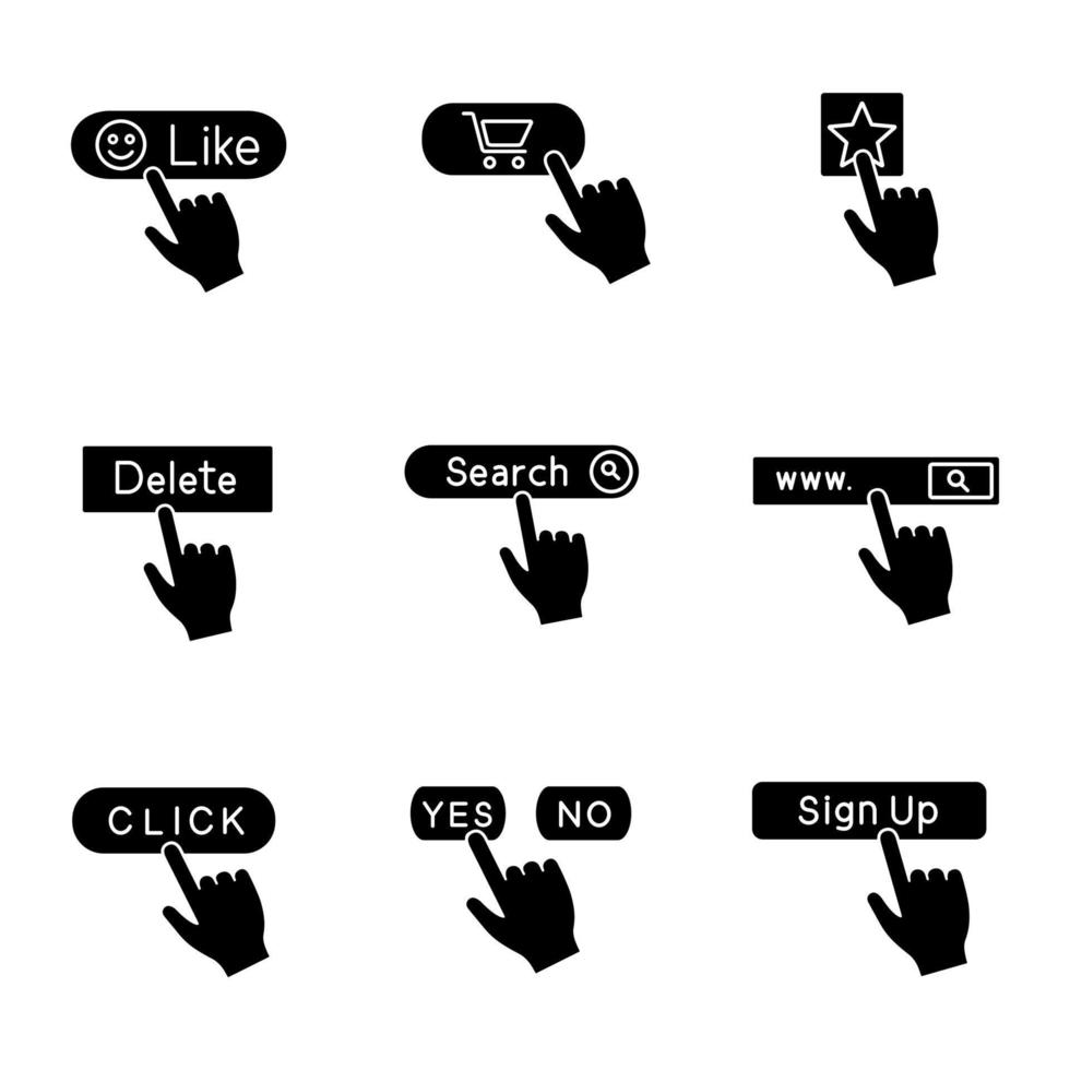 app knappar glyfikoner set. klick. gillar, köp, lägg till favorit, radera, sökfält, ja eller nej, registrera dig. siluett symboler. vektor isolerade illustration