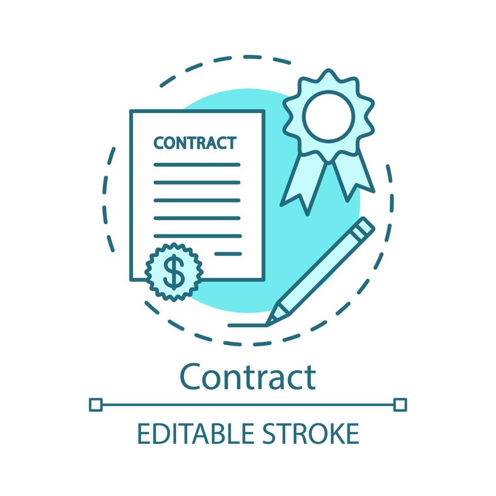 kontrakt koncept ikon. juridiskt avtal idé tunn linje illustration. formellt arrangemang. undertecknande av dokument. affär, pappersarbete. anställning, rekrytering. vektor isolerade konturritning. redigerbar linje