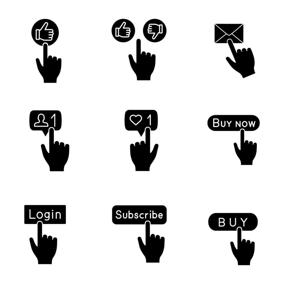 Glyph-Symbole für App-Schaltflächen festgelegt. klicken. Gefällt mir, Daumen hoch und runter, Nachricht, neuer Follower, Likes-Zähler, jetzt kaufen, anmelden, abonnieren, in den Warenkorb legen. Silhouettensymbole. vektor isolierte illustration