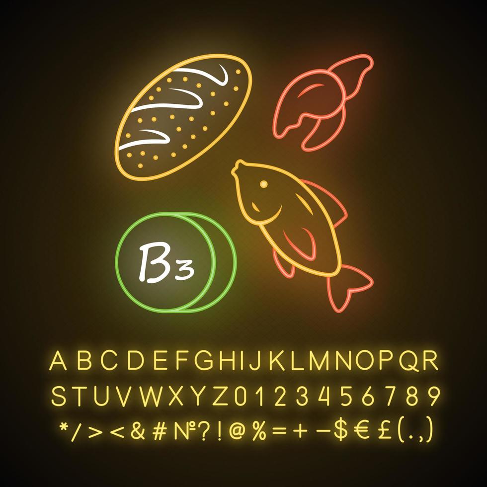 vitamin b3 neonljus ikon. bröd, fisk och skaldjur. äta nyttigt. nikotinsyra. vitamin pp, niacin naturlig matkälla. glödande tecken med alfabetet, siffror, symboler. vektor isolerade illustration