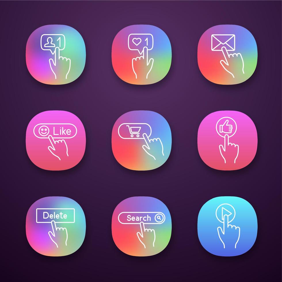 app knappar ikoner set. klick. ny följare, gilla-räknare, meddelande, gilla, köp, tummen upp, radera, sök, spela. ui ux användargränssnitt. webb- eller mobilapplikationer. vektor isolerade illustrationer