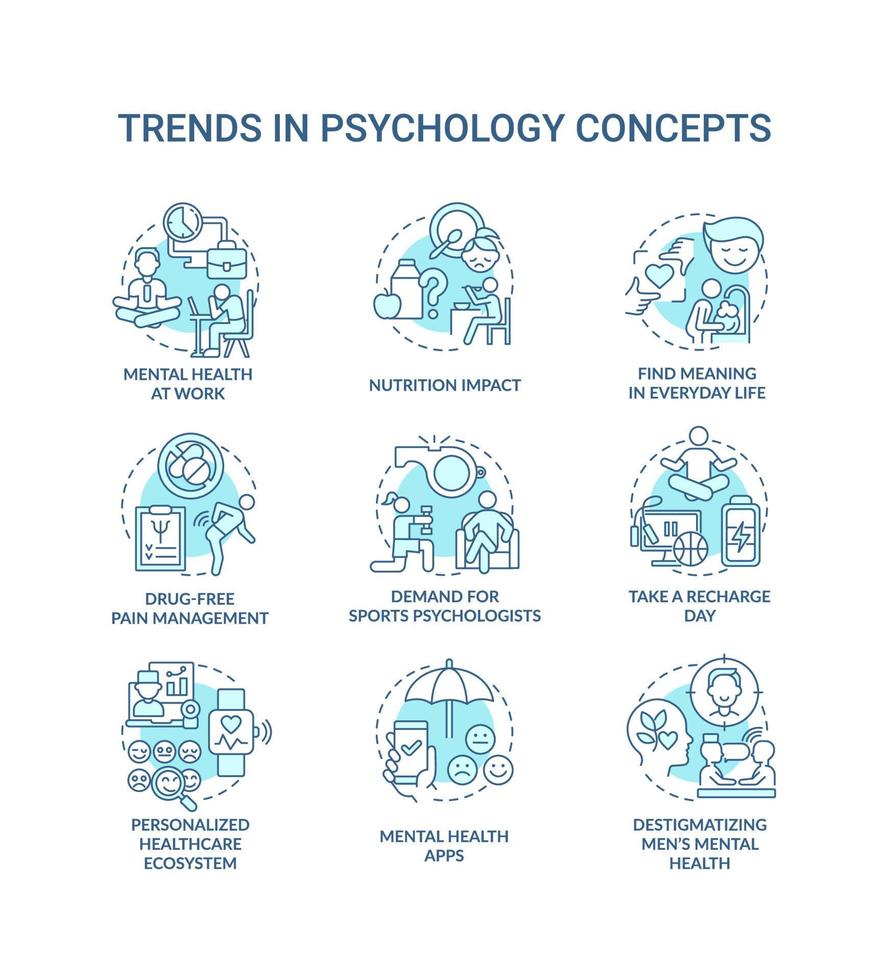 Trends in der Psychologie türkisfarbene Konzeptsymbole gesetzt. Innovation in der psychischen Gesundheit Verbesserung der Idee dünne Farbillustrationen. isolierte Symbole. editierbarer Strich. vektor