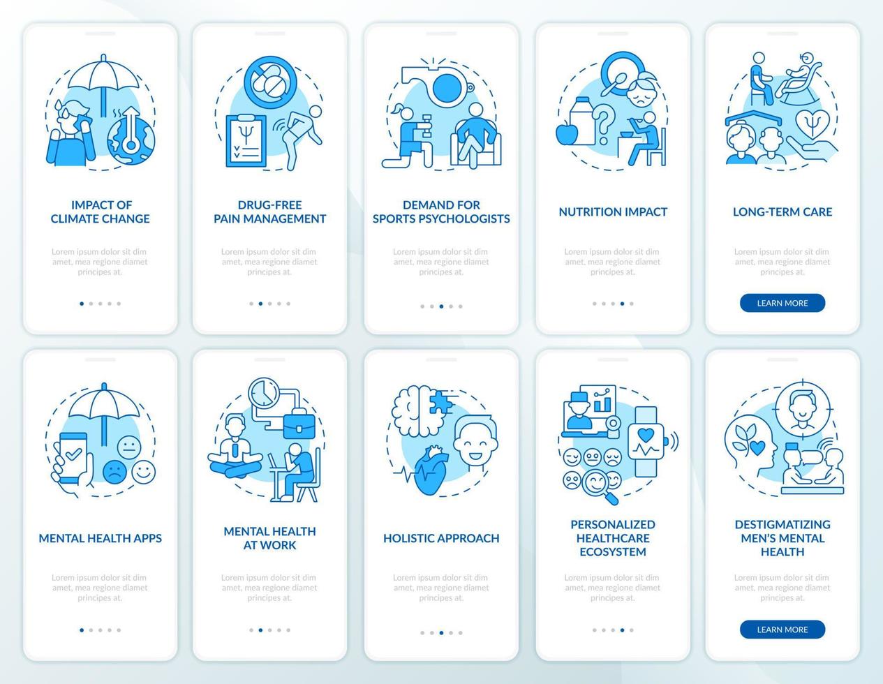 trender inom psykologi blå onboarding mobilapp skärmuppsättning. mental hälsa genomgång 5 steg grafiska instruktioner sidor med linjära koncept. ui, ux, gui mall. vektor
