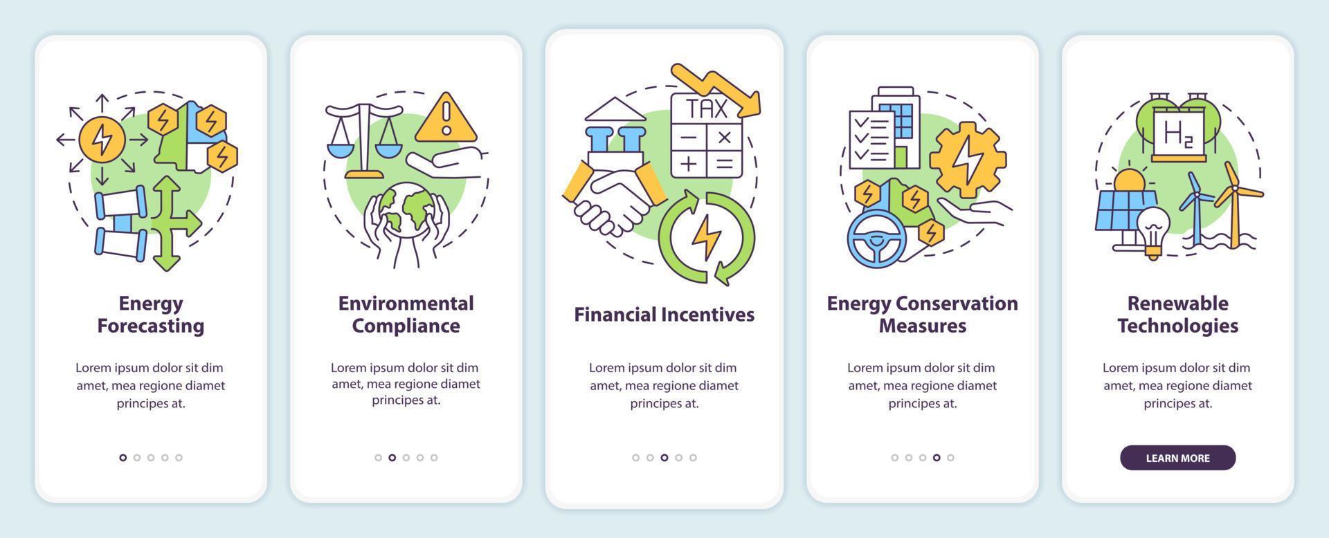 strategische energieplanung beim onboarding des mobilen app-bildschirms. Prognose Walkthrough 5 Schritte grafische Anleitungsseiten mit linearen Konzepten. ui, ux, gui-Vorlage. vektor