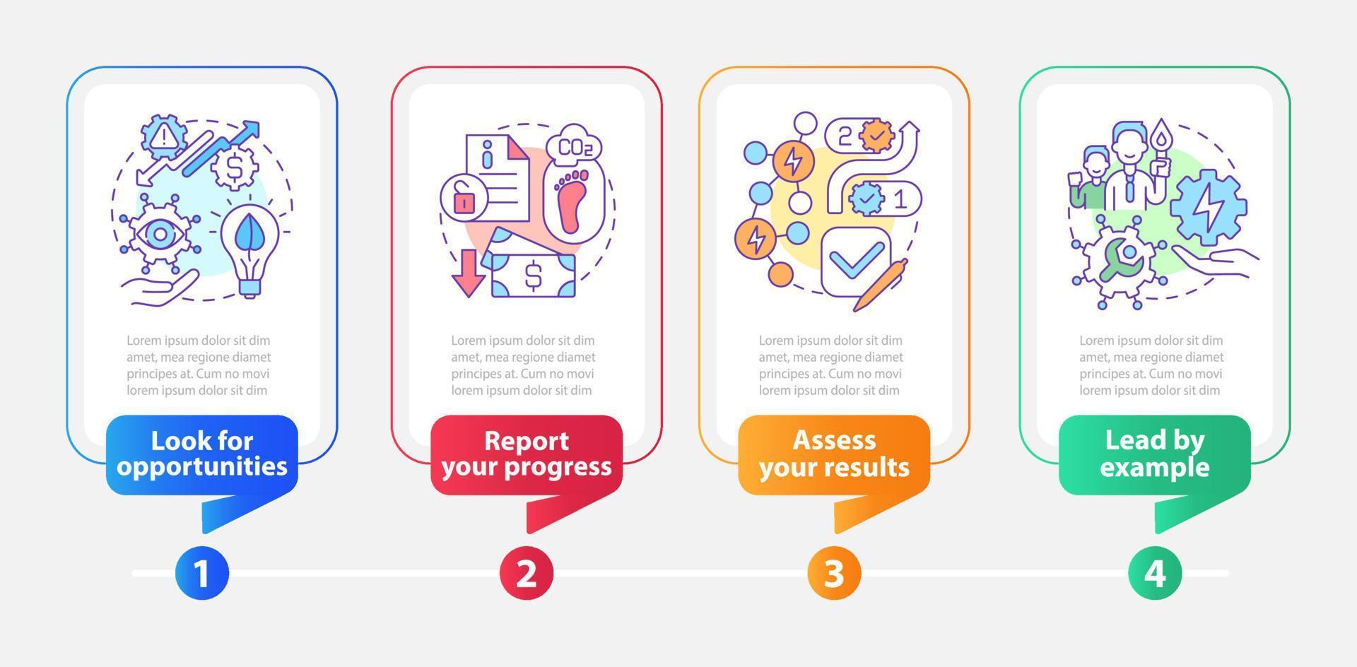 Infografik-Vorlage für das Energiemanagement-Rechteck. Datenvisualisierung mit 4 Schritten. Info-Diagramm der Prozesszeitachse. Workflow-Layout mit Liniensymbolen. vektor