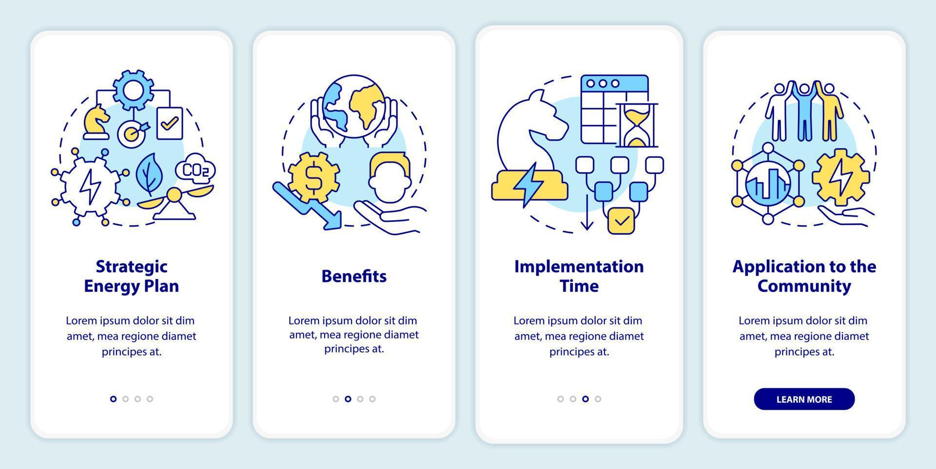 energieplanung beim onboarding des mobilen app-bildschirms. Implementierungszeit Walkthrough 4 Schritte grafische Anleitungsseiten mit linearen Konzepten. ui, ux, gui-Vorlage. vektor