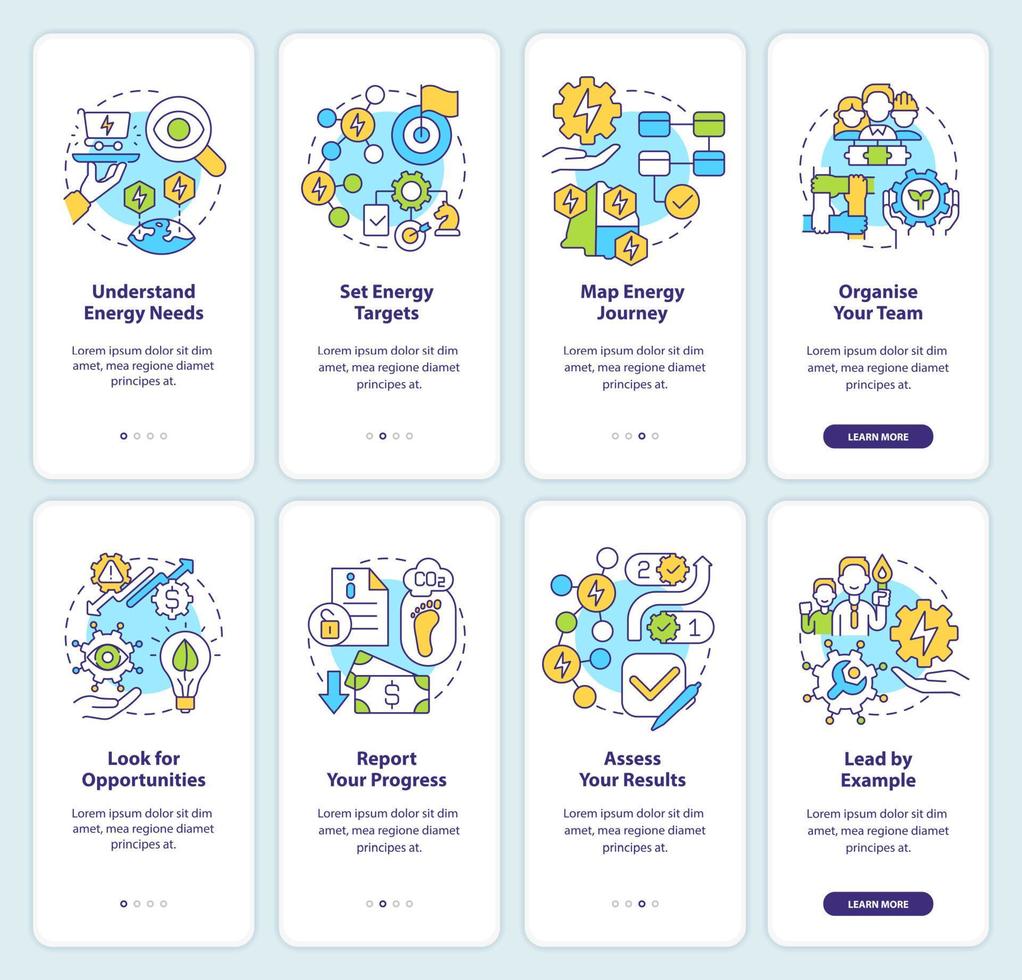 Bildschirmset für das Onboarding der mobilen App für das Energiemanagement. Asset-Ergebnisse Walkthrough 4 Schritte grafische Anleitungsseiten mit linearen Konzepten. ui, ux, gui-Vorlage. vektor