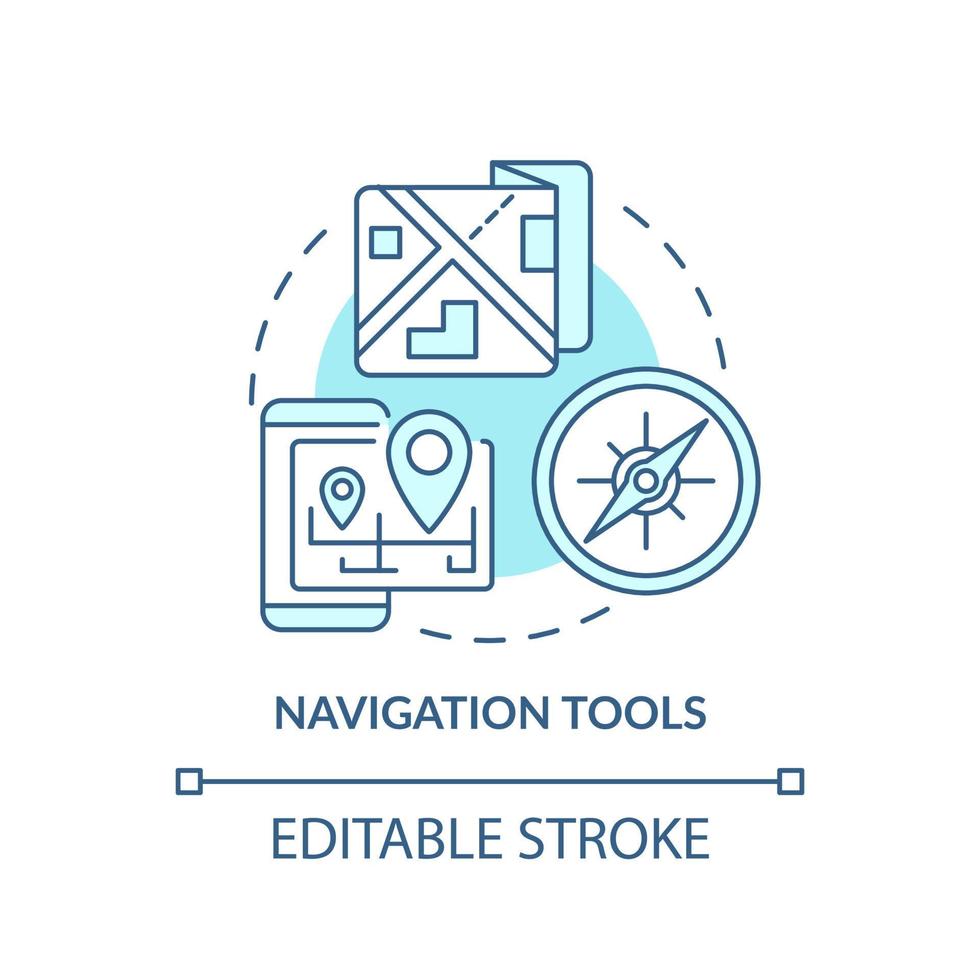 Symbol für das türkisfarbene Konzept der Navigationswerkzeuge. Dinge zu packen. Notfall-Go-Bag-Aktionen abstrakte Idee dünne Linie Illustration. isolierte Umrisszeichnung. editierbarer Strich. vektor