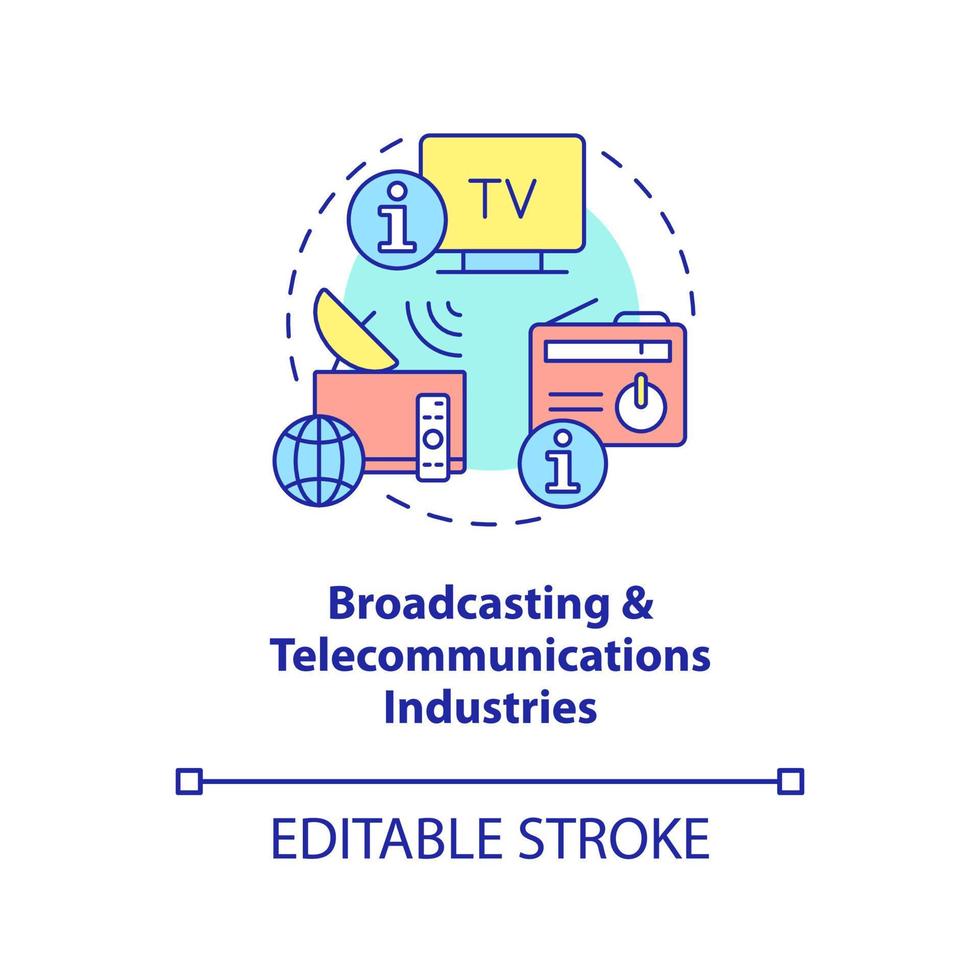 Symbol für das Konzept der Rundfunk- und Telekommunikationsbranche. info branchensegment abstrakte idee dünne linie illustration. isolierte Umrisszeichnung. editierbarer Strich. vektor