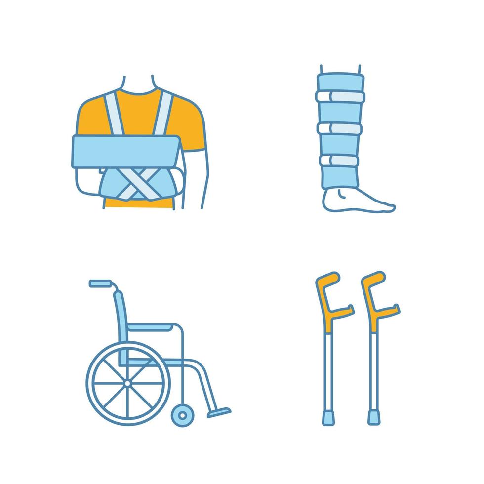 trauma behandling färg ikoner set. axelstartspärr, smalbensstöd, rullstol, armbågskryckor. isolerade vektorillustrationer vektor