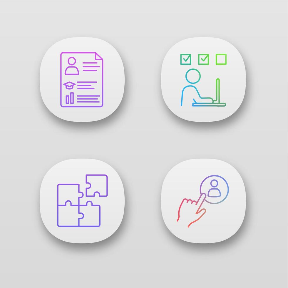 företagsledning app ikoner set. CV, onlineutbildning, lösningssökning, knapp för att anställa personal. ui ux användargränssnitt. webb- eller mobilapplikationer. vektor isolerade illustrationer